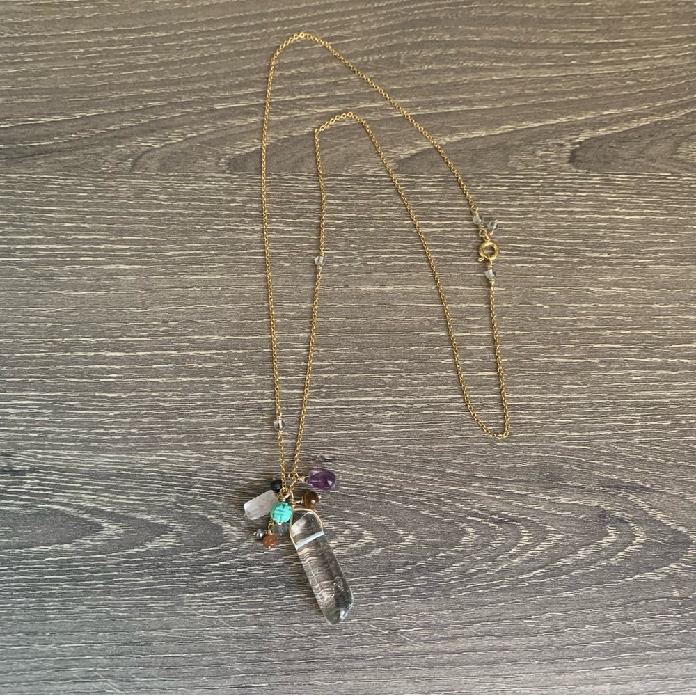 Artisan Quartz Crystal Amethyst Carved Turquoise Tigers Eye Sandstone Necklace